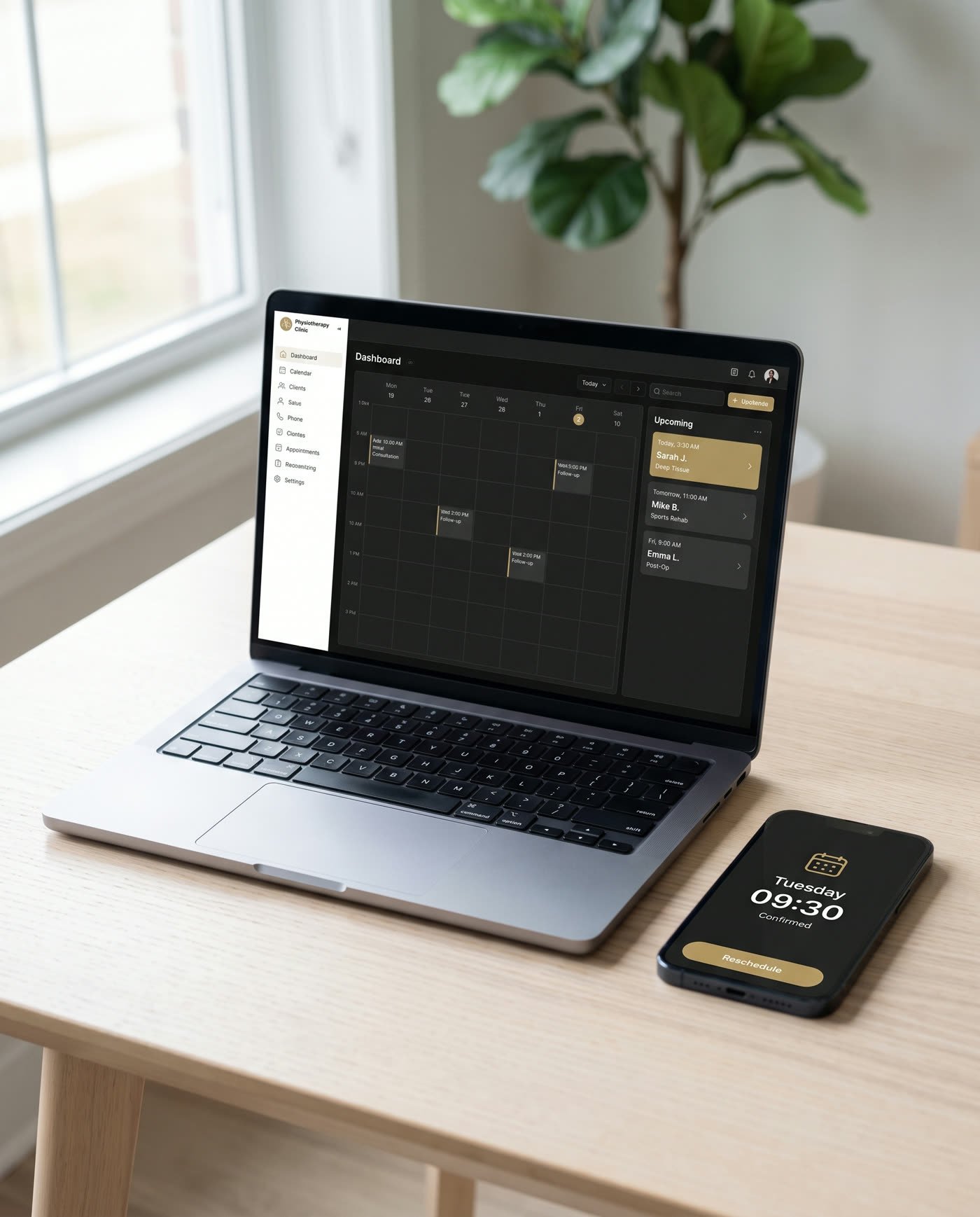 A clinic booking portal on a laptop and the matching phone app, one design across both, confirming Tuesday 09:30.