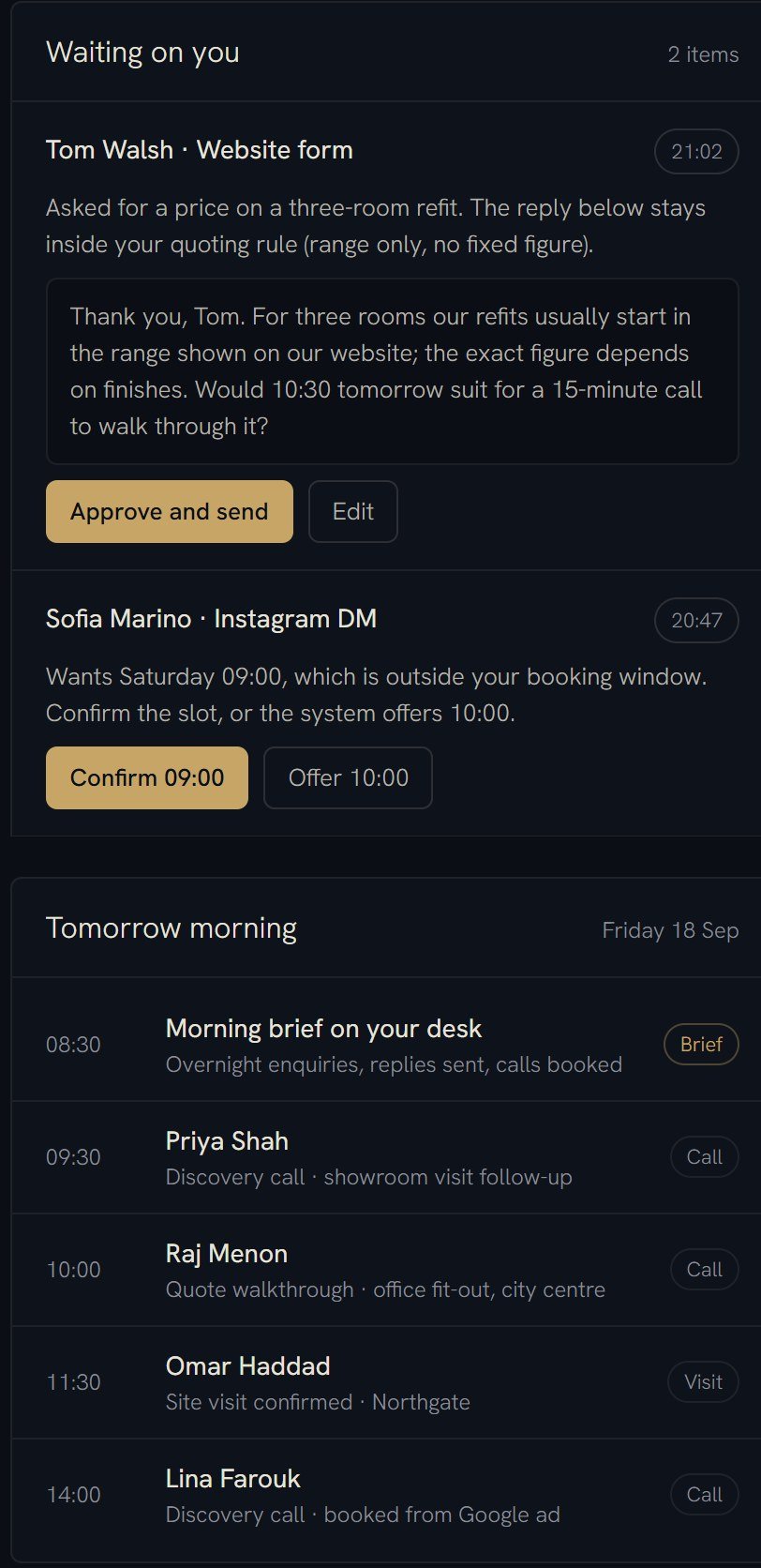 Our client console: two replies waiting for the owner's approval, and tomorrow morning's calls already booked, starting with an 08:30 brief.