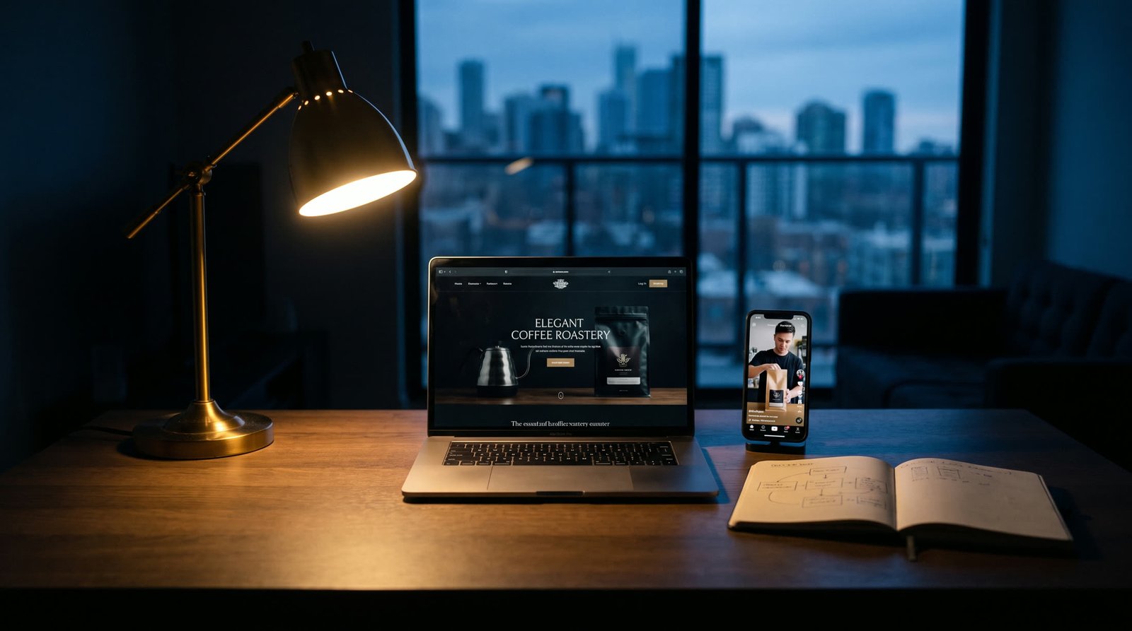 A studio desk at dusk: a laptop showing a new website, a phone playing a vertical ad, and a notebook with a hand-drawn workflow.