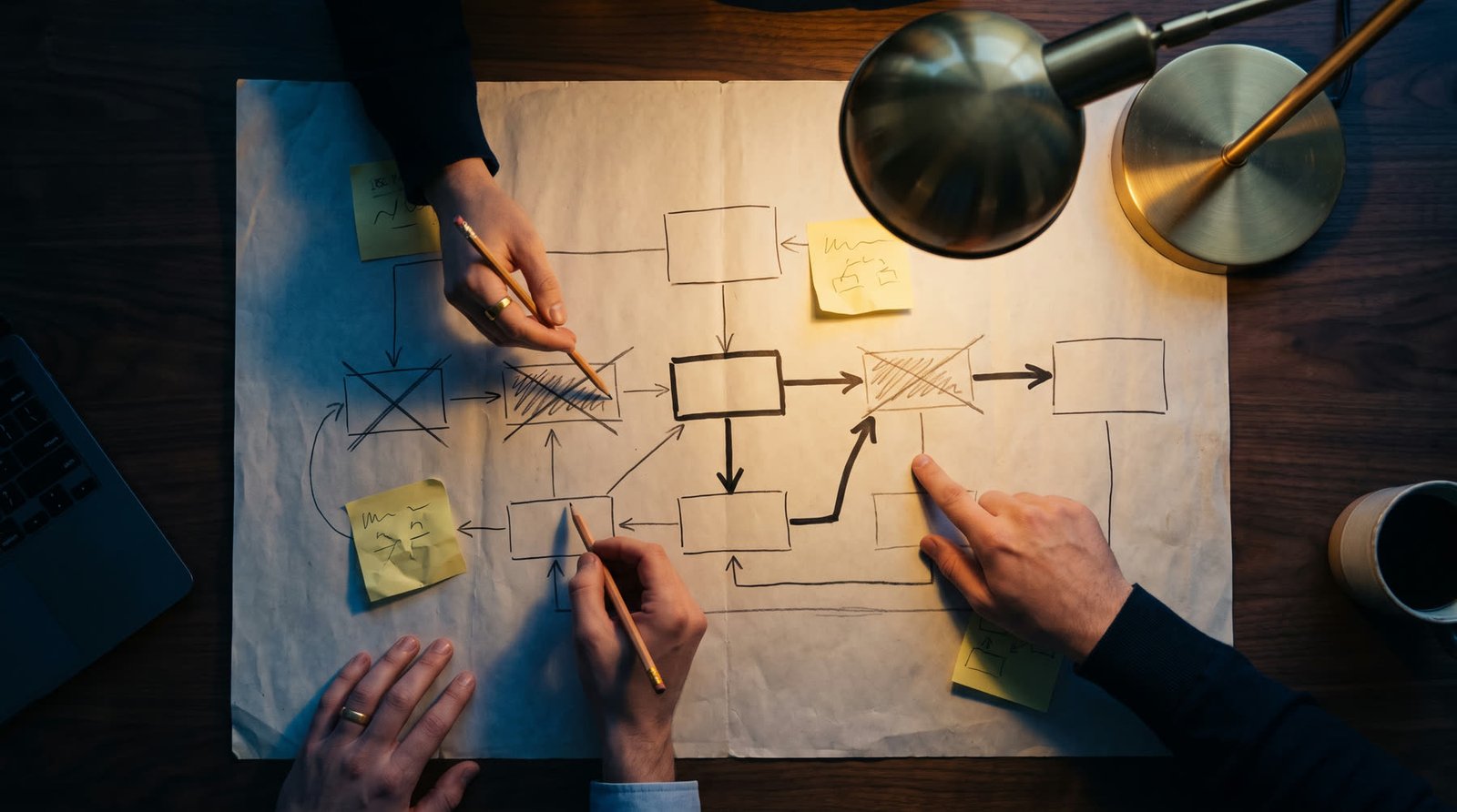 Two people redraw a hand-drawn workflow under a brass lamp, crossing out steps and inking a shorter path.