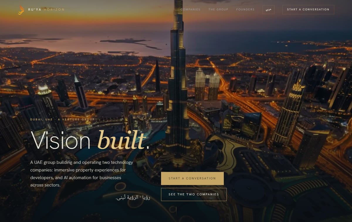 The live Ru'ya Horizon homepage: 'Vision built.' over an aerial city view at dusk.