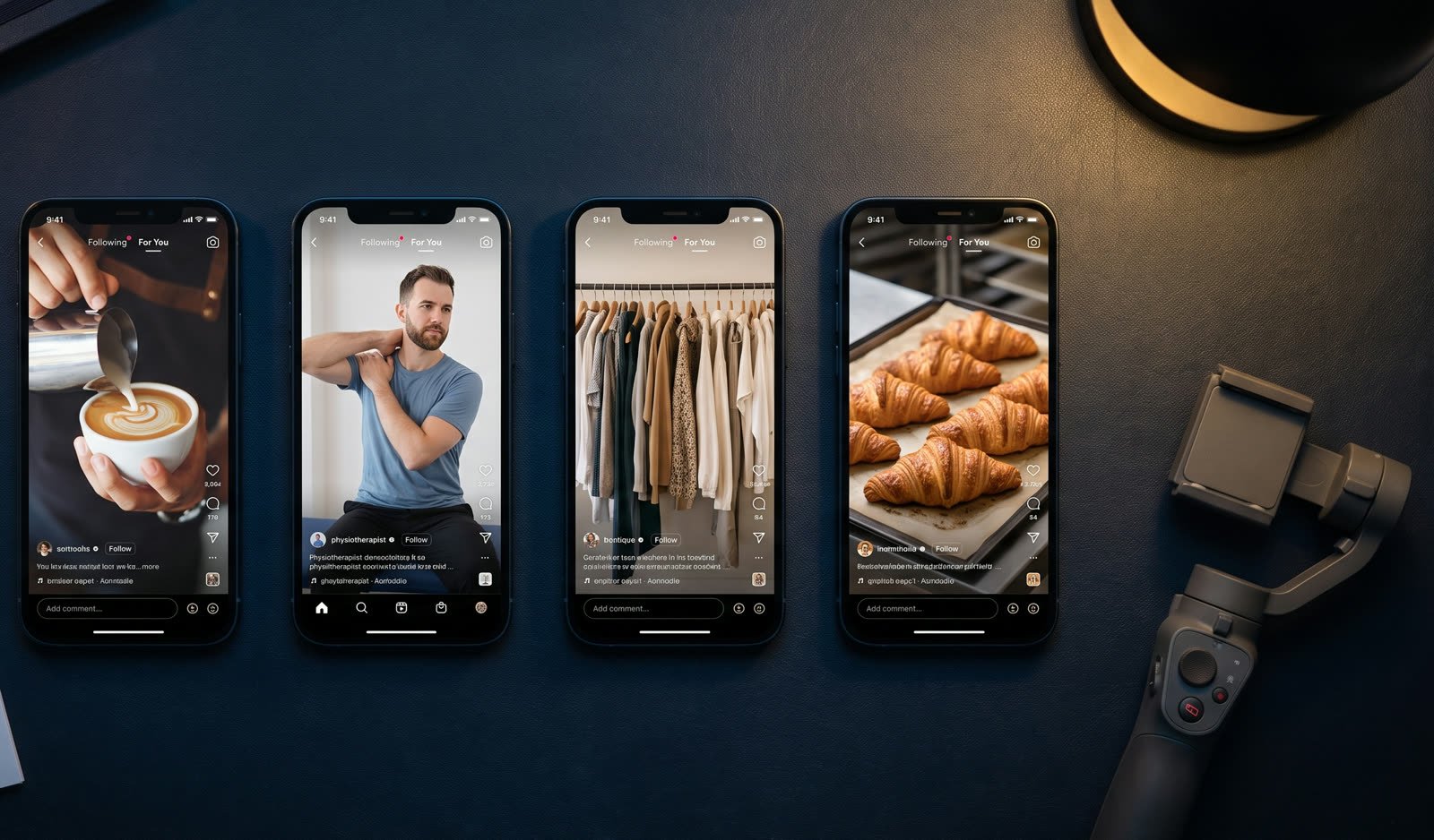 Four phones on a slate desk showing short videos for a café, a physiotherapist, a boutique and a bakery, beside a printed content calendar.