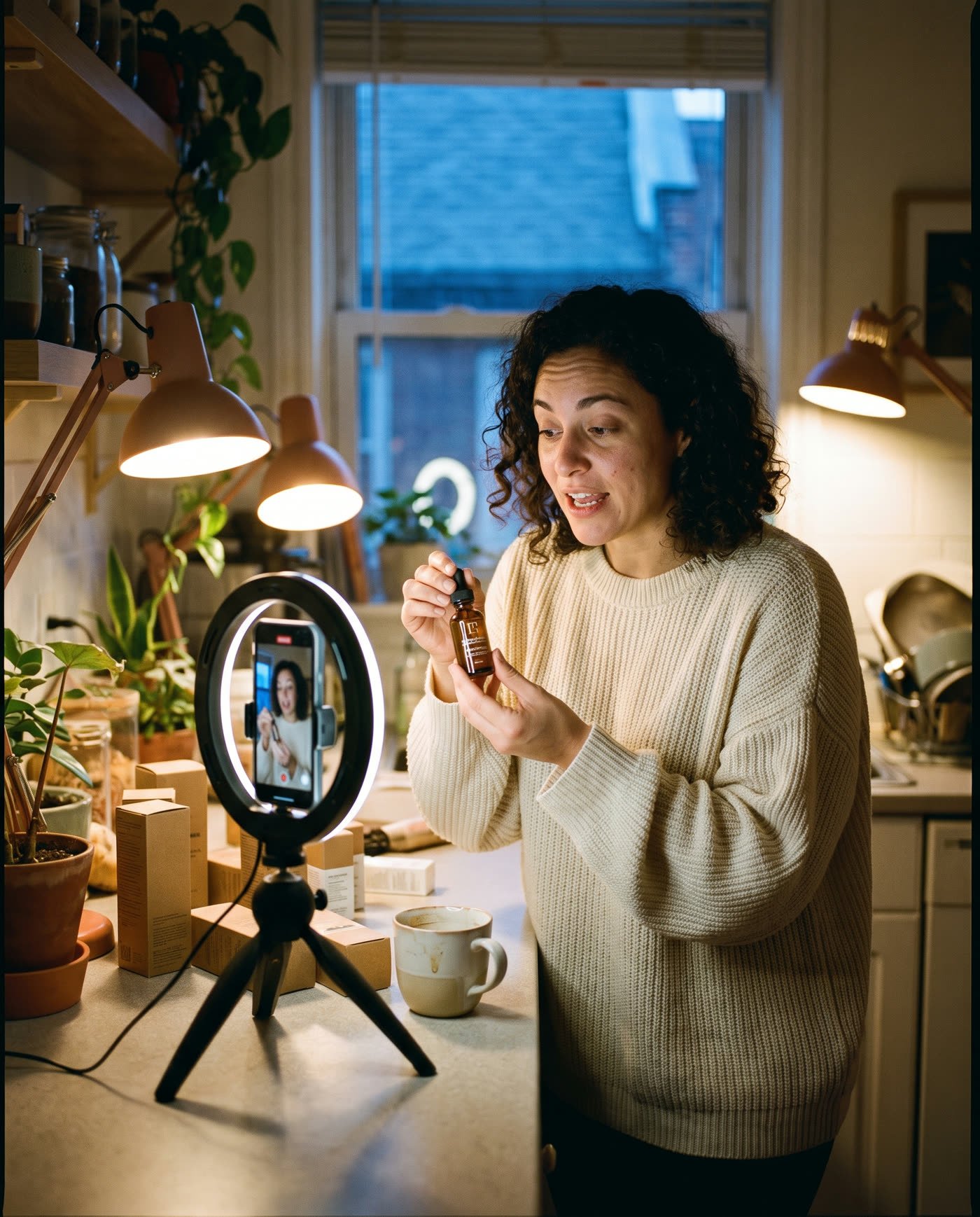A presenter films a vertical ad for a small glass serum bottle, phone on a tripod with a ring light, in a brand's studio kitchen.