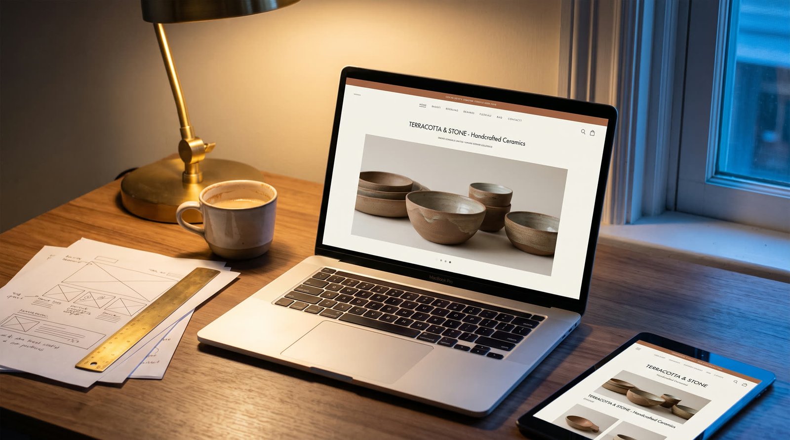 A laptop showing an online shop for a ceramics studio, beside a tablet with the mobile layout and pencil wireframes.